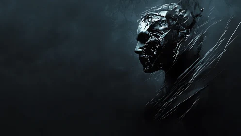 Shattered metallic visage emerging from abyssal shadow field.