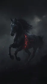 Dark spectral horse erupts with molten embers mid-stride