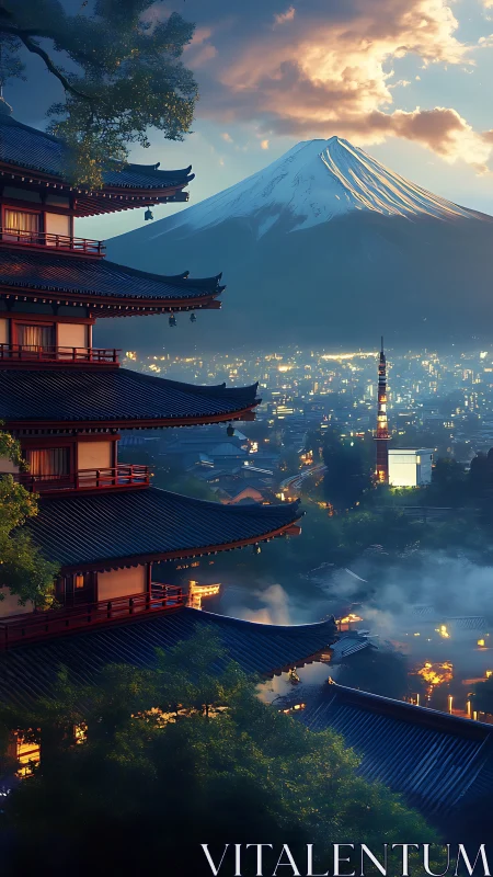 Tiered pagoda overlooks illuminated city and distant volcano