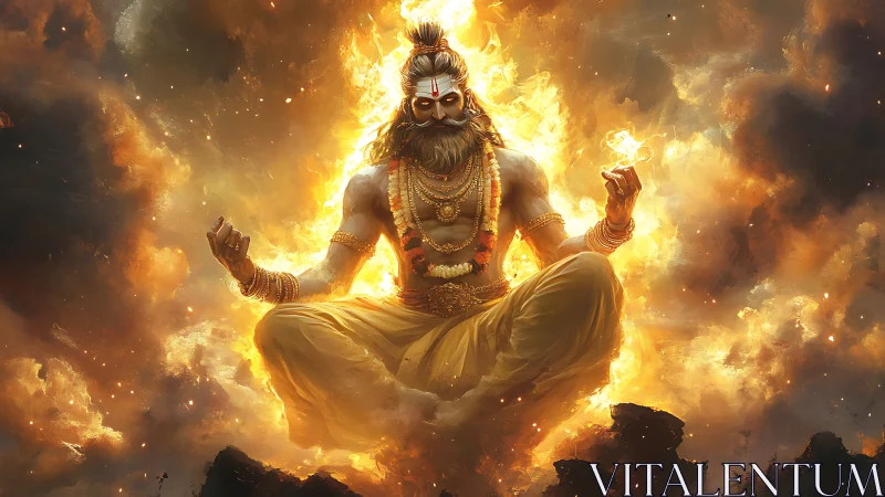 Digital painting of fiery ascetic deity in levitating lotus pose.