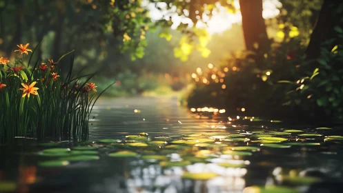 Backlit lilies and rippling pond rendered in warm photoreal light
