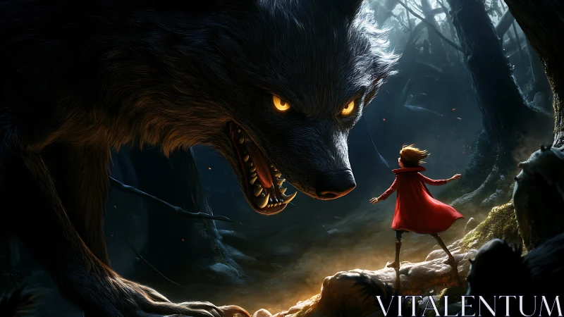 Digital painting showdown of girl in red cloak and giant wolf.