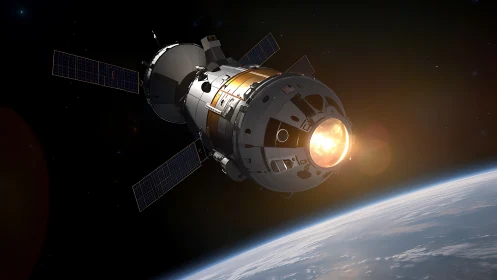 Crewed orbital spacecraft fires engine above sunlit Earth