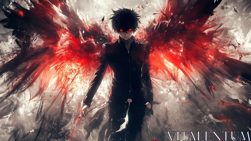 Dark figure with red abstract wings in blurred environment.