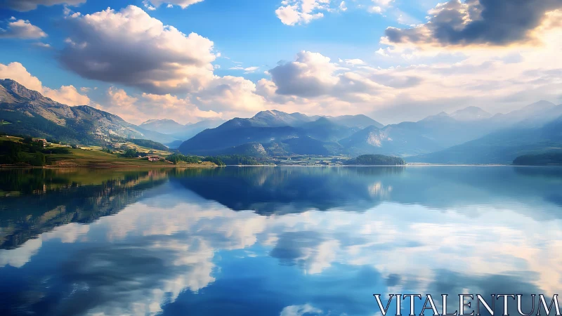 Symmetric alpine lake reflection under volumetric cloud field.