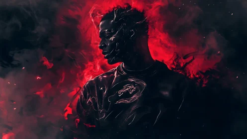 Silhouetted figure stands in red and black smoky digital haze