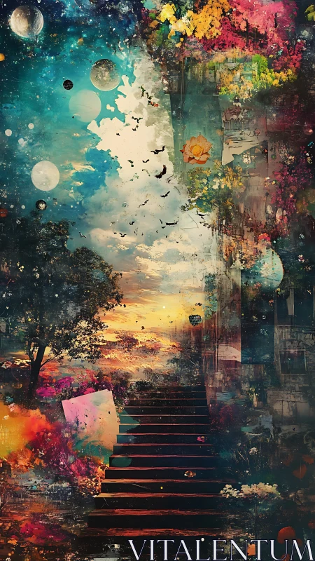 Stairway of twin skies winding through cosmic garden dreams.