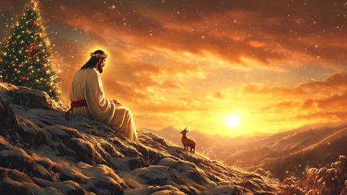 Sunlit winter ridge with robed figure, deer and lit tree at dusk