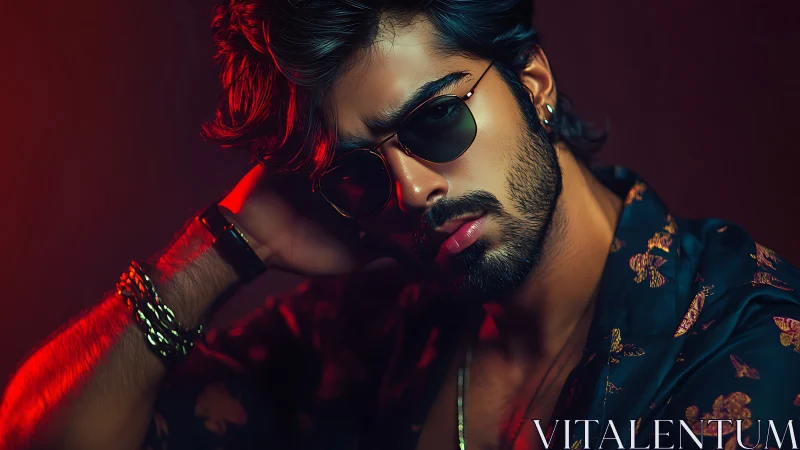 Moody portrait showcases stylish man under neon lighting.