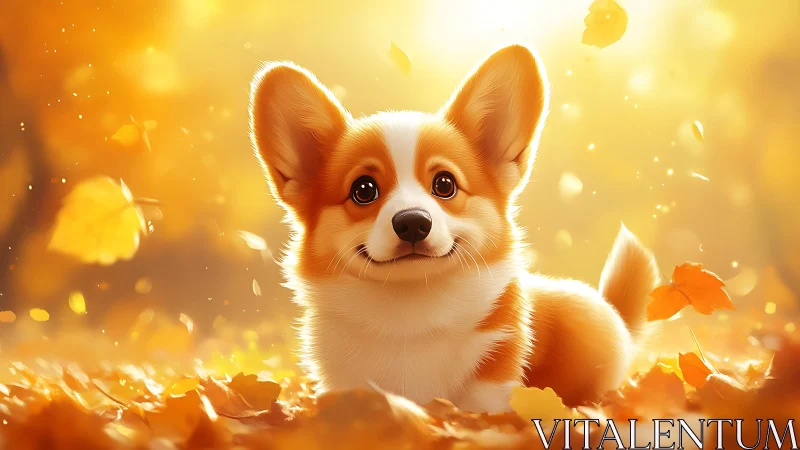 Warm backlit corgi puppy in golden autumn foliage bokeh field