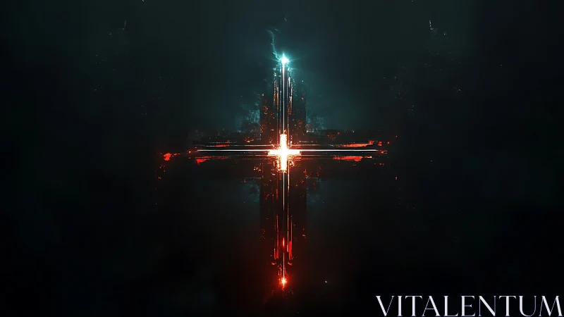 Glowing digital cross ignites within a deep cosmic void.