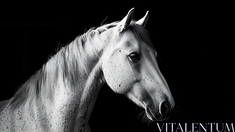 Stark monochrome portrait of a white horse in profile view.