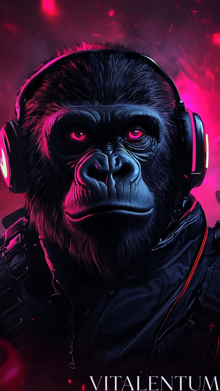 Neon-lit cyber gorilla listens through glowing headphones.