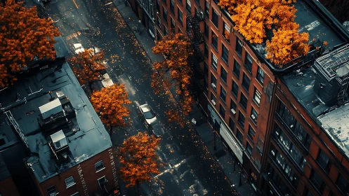 Autumn city street canyon with orange trees and rooftops.