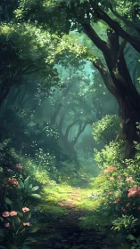 Enchanted Forest Path Where Sunlight Dances Through Ancient Trees