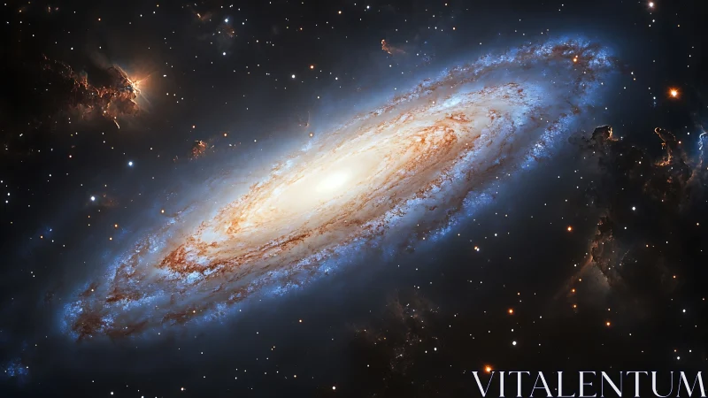 Spiral galaxy core in radiant blue halo with stellar dust bands.