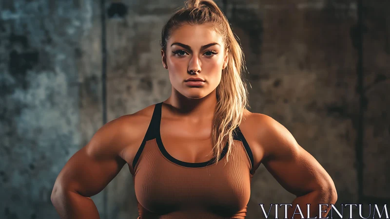 Strong female athlete in athletic wear, gritty fitness portrait.