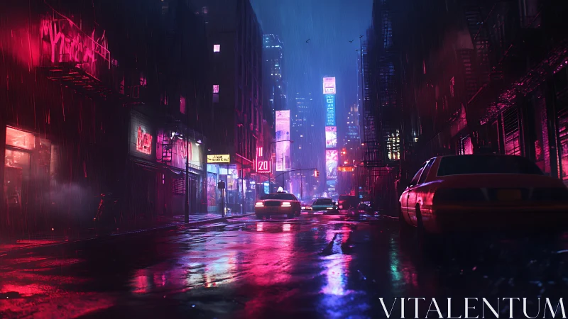 Neon soaked city street glows under rain in moody nightscape