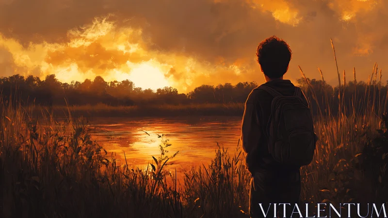 Backlit youth observing golden sunset over reflective lake.