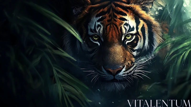 Tiger emerges through shadowed jungle leaves with piercing focus