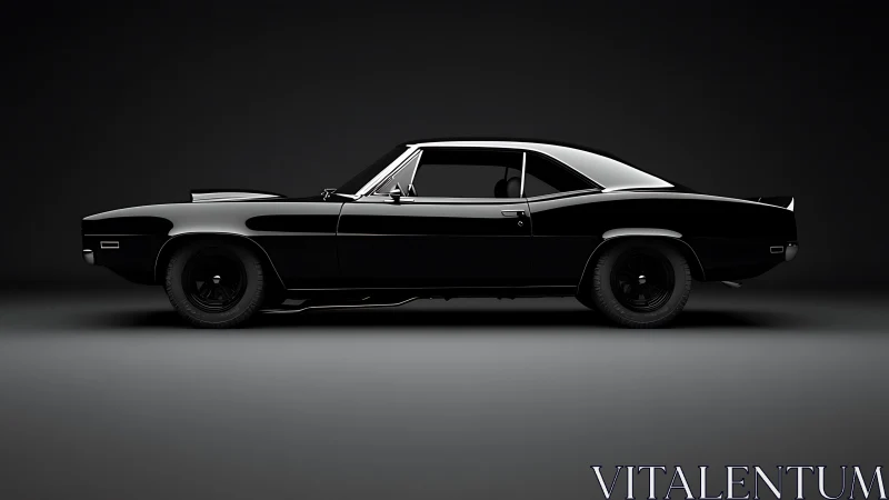 Side profile render of black classic muscle car on dark backdrop
