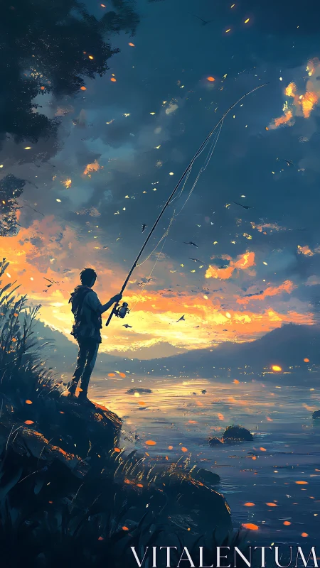 Solitary angler on lakeside cliff under ember lit sunset sky