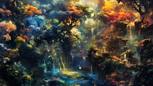 Enchanted Forest Valley with Waterfalls and Golden Light.