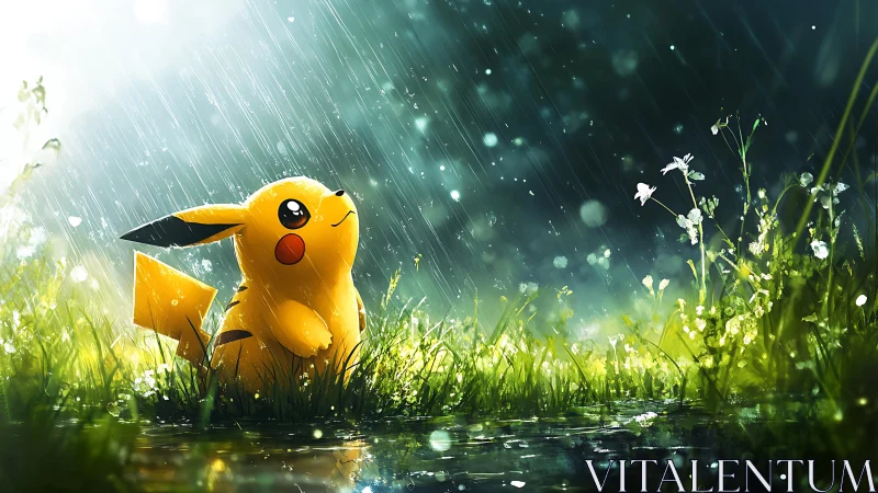 Pikachu daydreams in rainlit meadow of soft thunder hush.