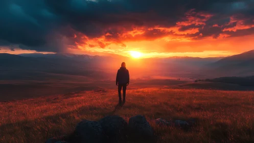 Sunset wanderer welcomes the glowing horizon in peace