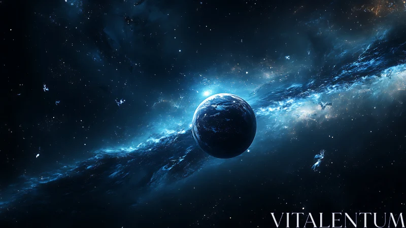 Starlit blue planet drifts gently along a glowing cosmic river