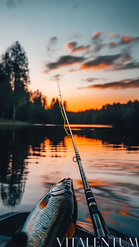 Sunset lake fishing scene captures a fresh catch in calm water.