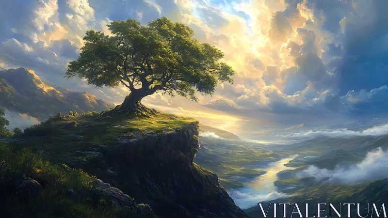 Solitary oak crowns luminous cliff above winding valley river