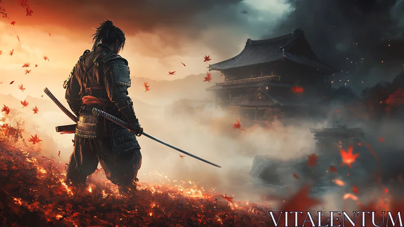 Armored samurai surveys burning temple amid stormlit autumn