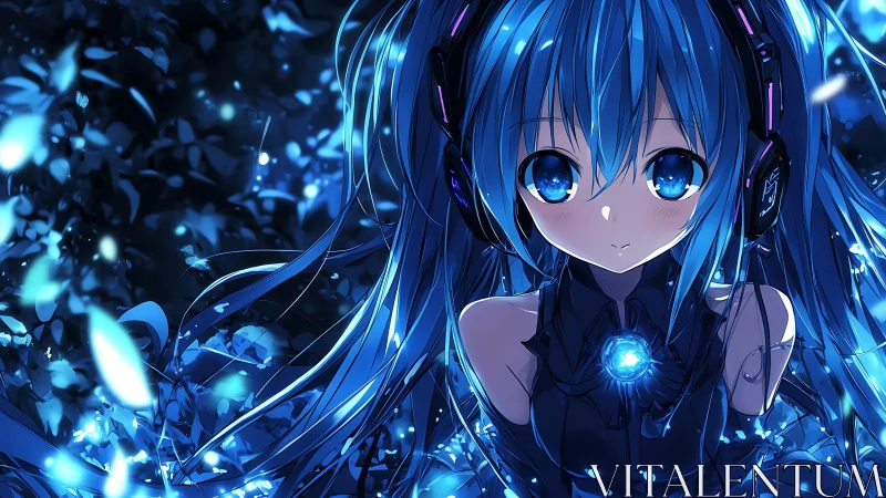 Luminous cyan-haired cybergirl with bioluminescent core focus.