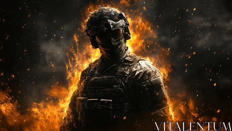 Armored soldier stands in blazing fire and heavy smoke.