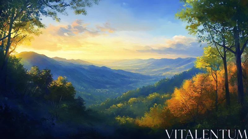 Sunrise brushes gold across misty mountain valleys.