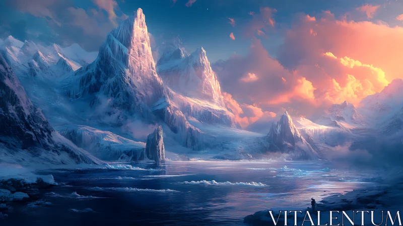 Glacial titans glow while a lone wanderer measures their hush