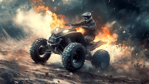 Roaring quad bike rider powers through dust, fire, and speed