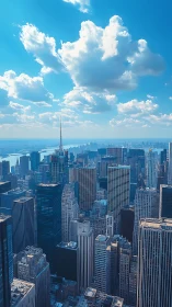 Sunlit skyscrapers rise beneath vast clouds over cityscape.
