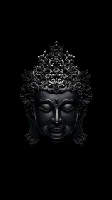 Black sculpted Buddha head with ornate crown on black background.