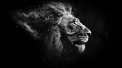 Starlit lion dissolves into cosmic dust along the night edge