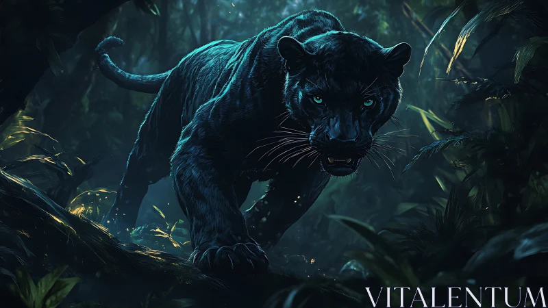 Bioluminescent Panther in Nocturnal Jungle Environment.
