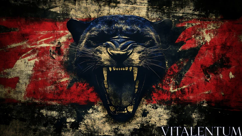 Snarling Panther Portrait Against Distressed Geometric Background.