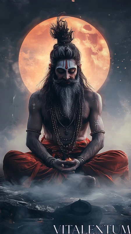 Ascetic yogi meditates before crimson full moon in mist