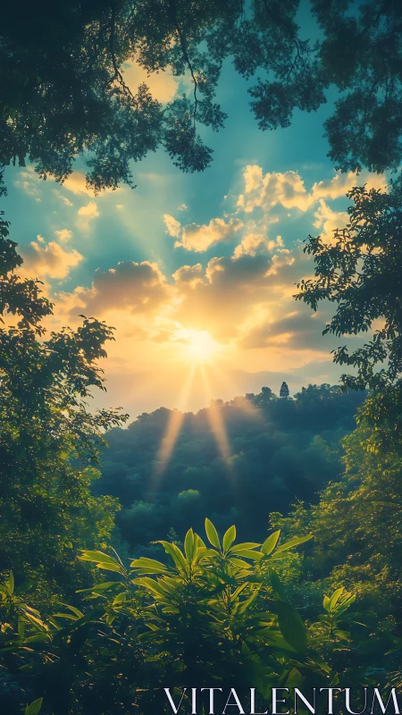 Sunrise pours through emerald forest into misty valley.
