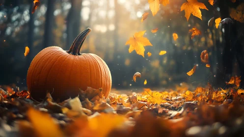Pumpkin rests on forest floor under swirling autumn leaves