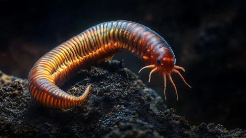 Glowing millipede exploring dark soil like a tiny lantern.