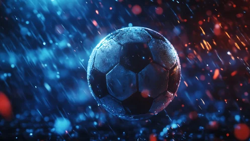 Soccer ball floats in heavy rain with dramatic lighting