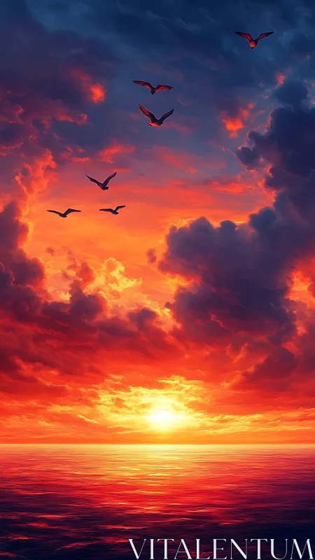Dramatic fiery ocean sunset with birds in vivid clouds.