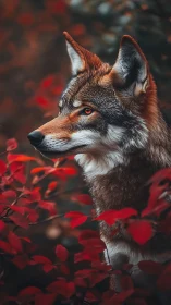 Wolf profile stands alert amid dense red autumn foliage